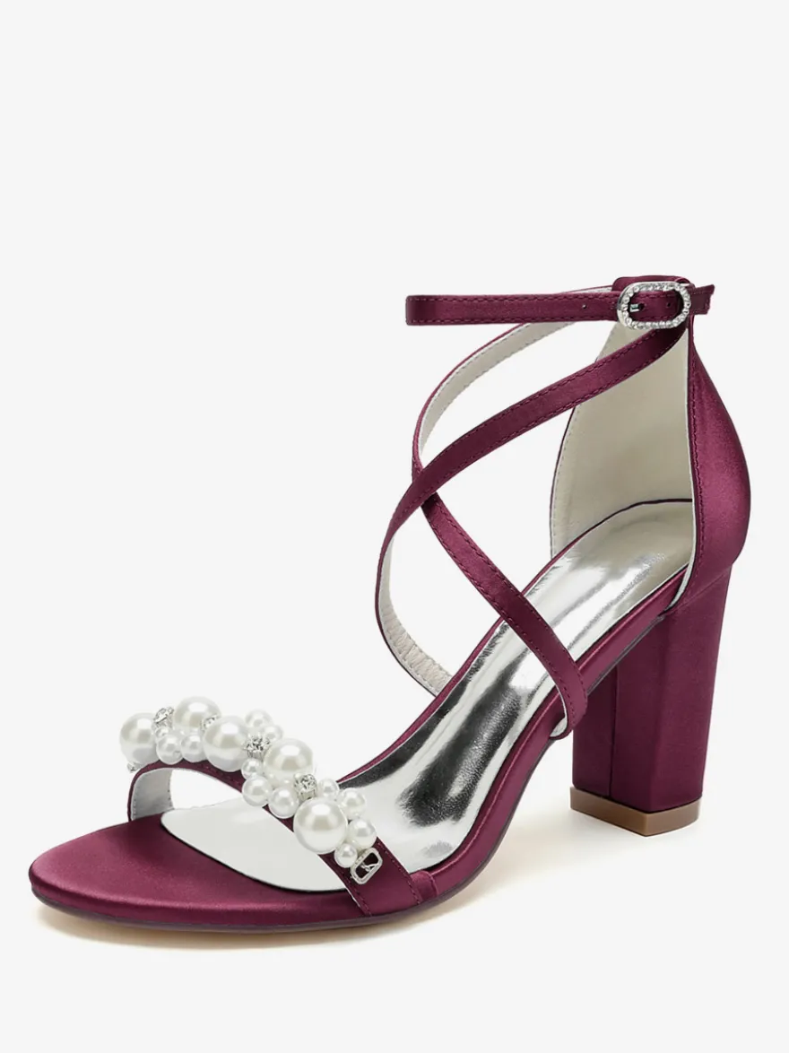Sandales De Mariée En Satin Blanc Chic Bout Ouvert Perle Femme