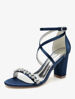Sandales de mariée en satin blanc sexy à bout ouvert avec strass