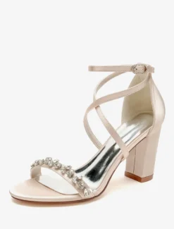Sandales de mariée en satin blanc sexy à bout ouvert avec strass