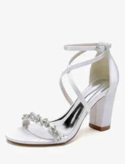 Sandales de mariée en satin blanc sexy à bout ouvert avec strass