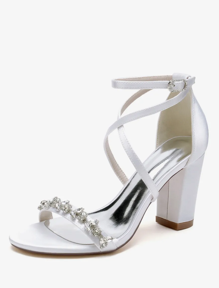 Sandales de mariée en satin blanc sexy à bout ouvert avec strass