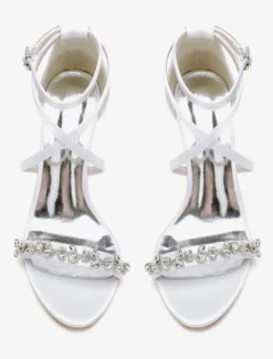 Sandales de mariée en satin blanc sexy à bout ouvert avec strass