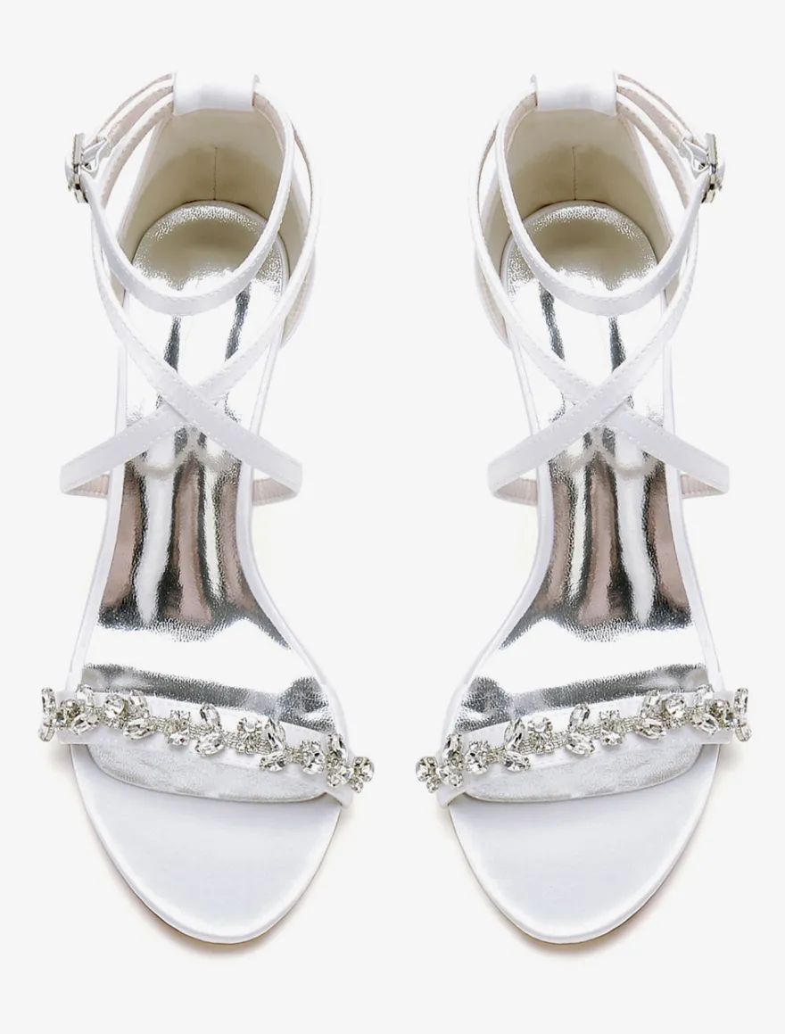 Sandales de mariée en satin blanc sexy à bout ouvert avec strass