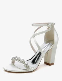 Sandales de mariée en satin blanc sexy à bout ouvert avec strass