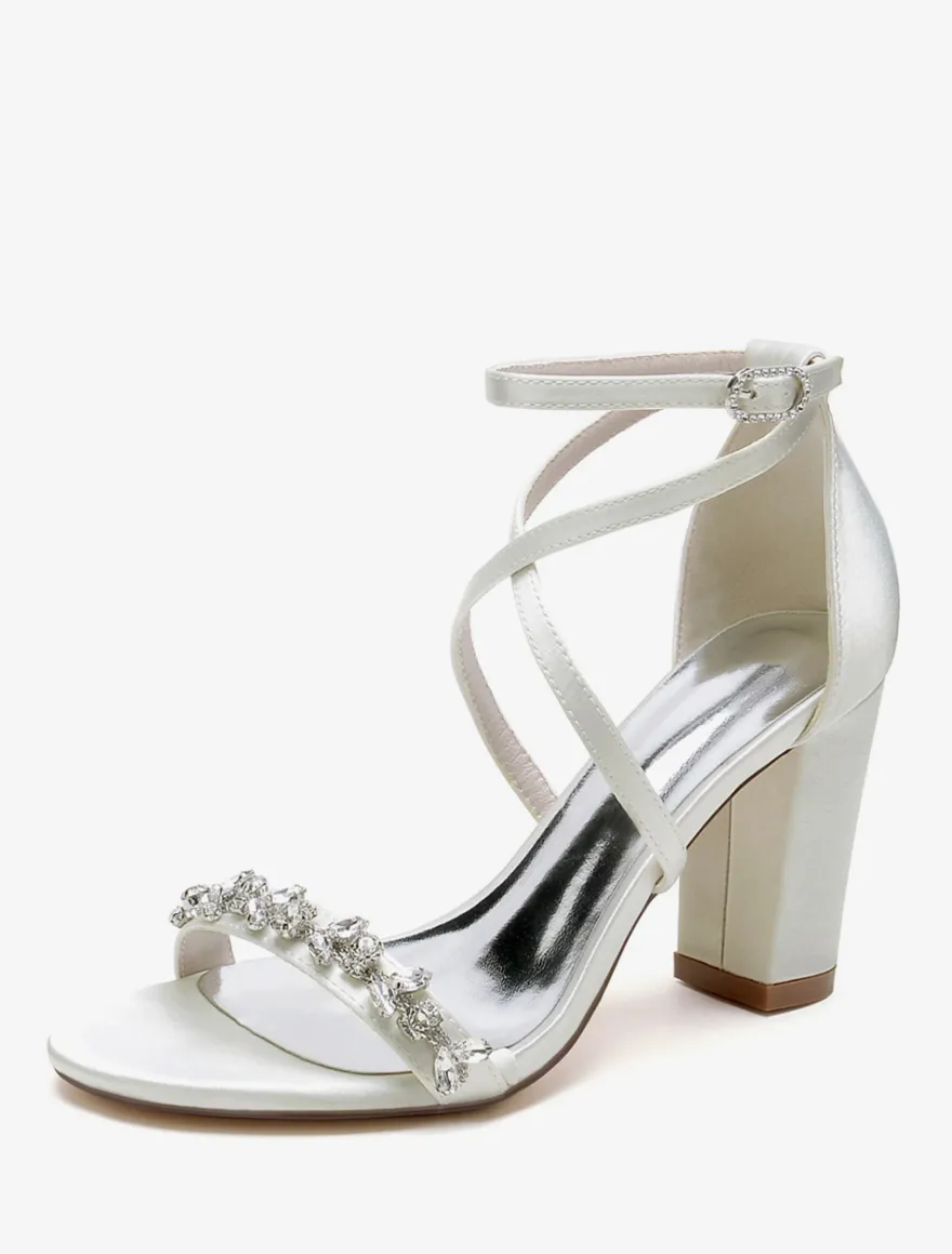 Sandales de mariée en satin blanc sexy à bout ouvert avec strass