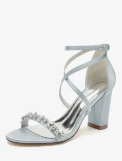Sandales de mariée en satin blanc sexy à bout ouvert avec strass