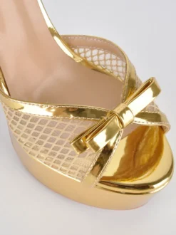 Sandales dorées à talons hauts plateforme bout ouvert bride cheville en résille avec nœud chaussures de soirée