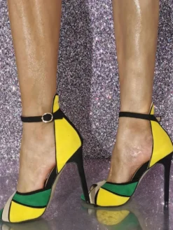 Sandales femme bout ouvert talon haut à lanière bleu jaune