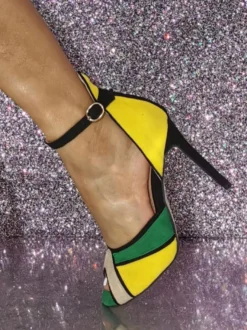 Sandales femme bout ouvert talon haut à lanière bleu jaune