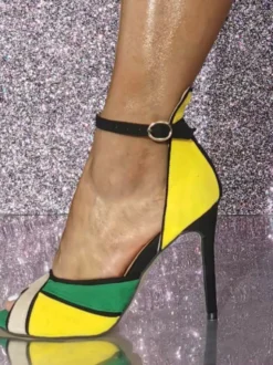 Sandales femme bout ouvert talon haut à lanière bleu jaune