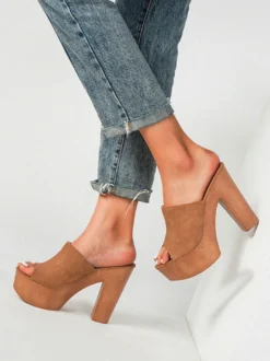 Sandales Femme Terry Slide Bout Ouvert Talon Chunky Sandales à Talons Slip-On