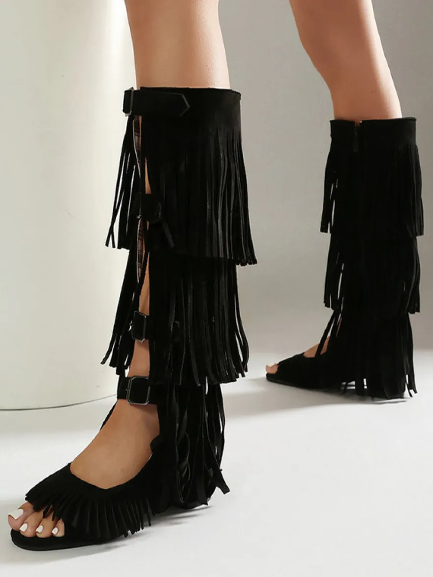Sandales gladiateur en daim bout ouvert boucle chaussures plates à pompons