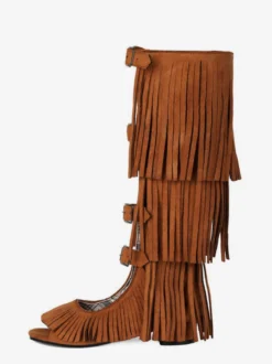 Sandales gladiateur en daim bout ouvert boucle chaussures plates à pompons
