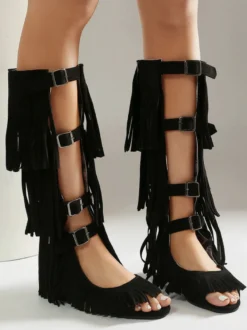 Sandales gladiateur en daim bout ouvert boucle chaussures plates à pompons