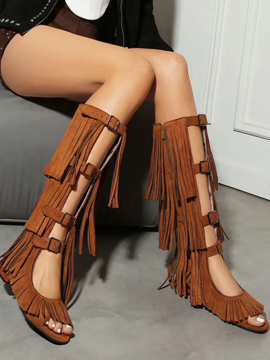 Sandales gladiateur en daim bout ouvert boucle chaussures plates à pompons