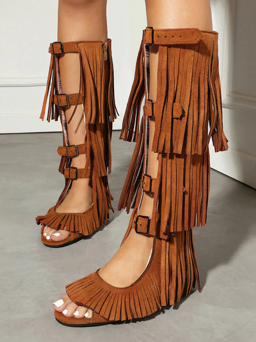 Sandales gladiateur en daim bout ouvert boucle chaussures plates à pompons