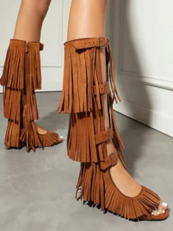 Sandales gladiateur en daim bout ouvert boucle chaussures plates à pompons