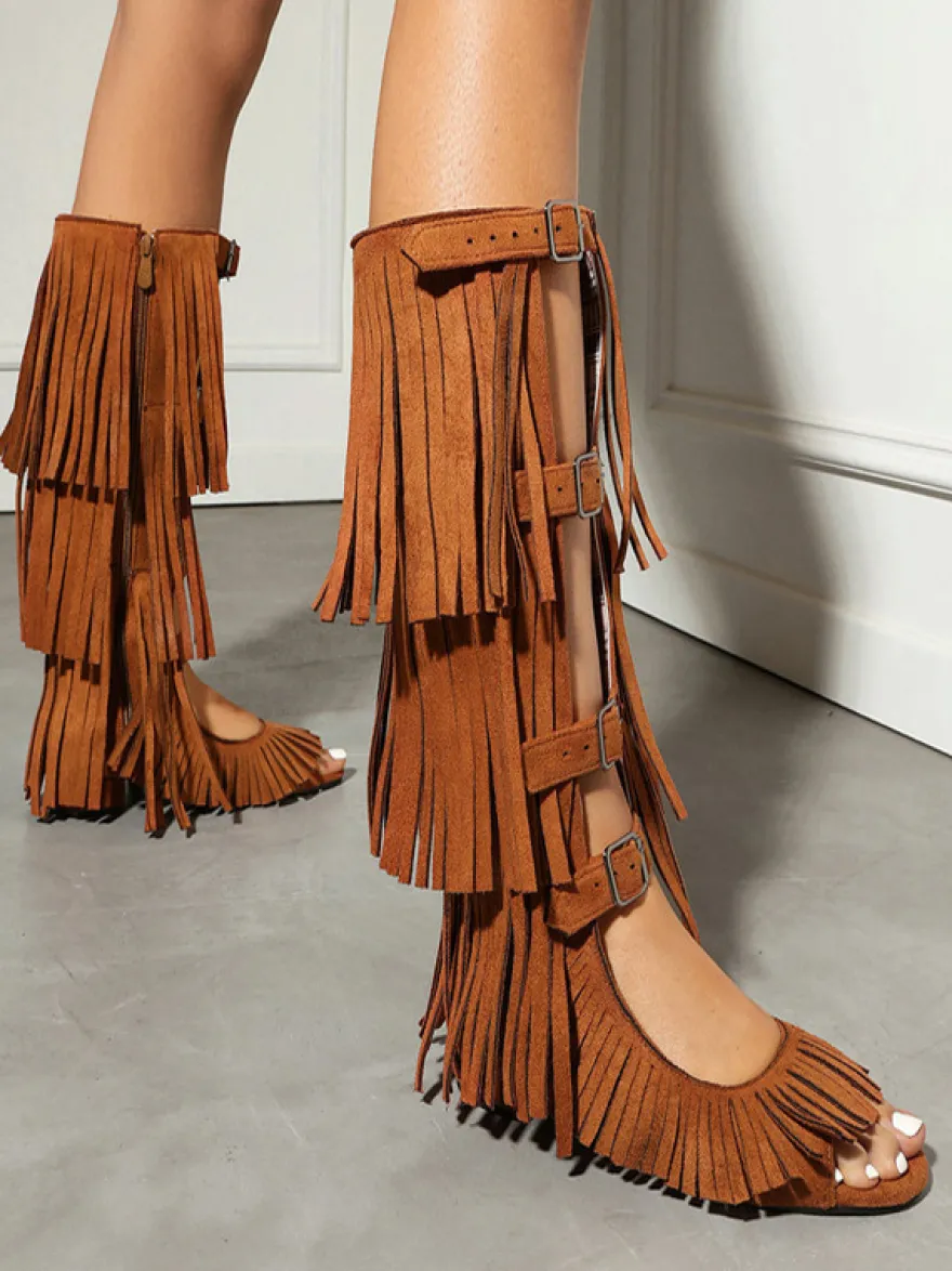 Sandales gladiateur en daim bout ouvert boucle chaussures plates à pompons