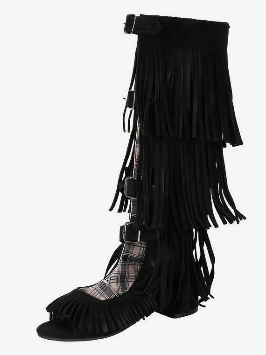 Sandales gladiateur en daim bout ouvert boucle chaussures plates à pompons