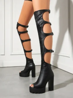 Sandales gladiateur noires à plateforme bout ouvert et talons hauts ajourés