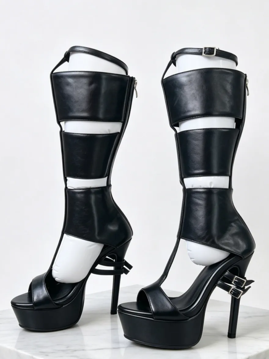 Sandales gladiateur noires à plateforme bout ouvert et boucle