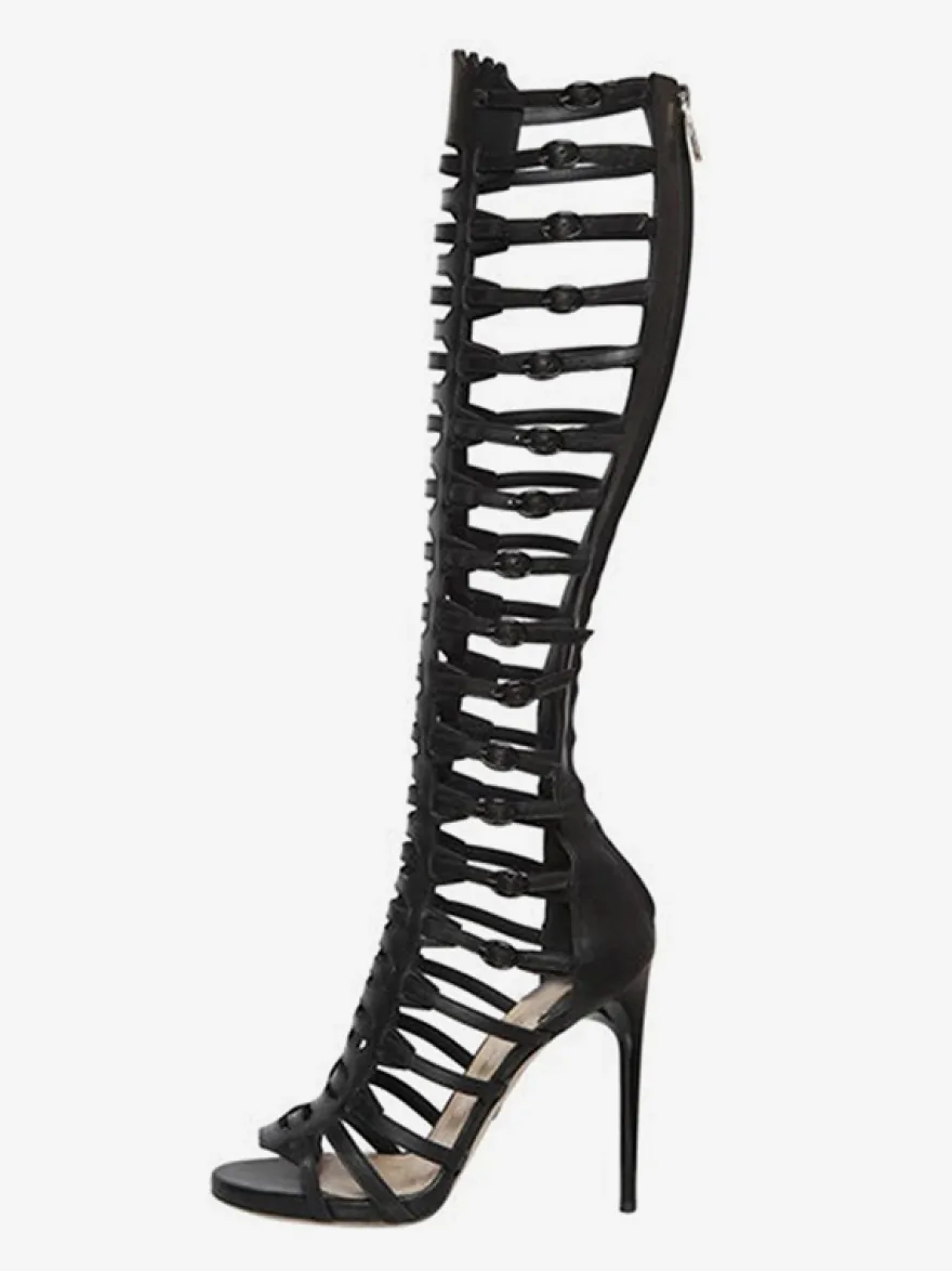 Sandales gladiateur noires à talons hauts et bout ouvert avec boucle