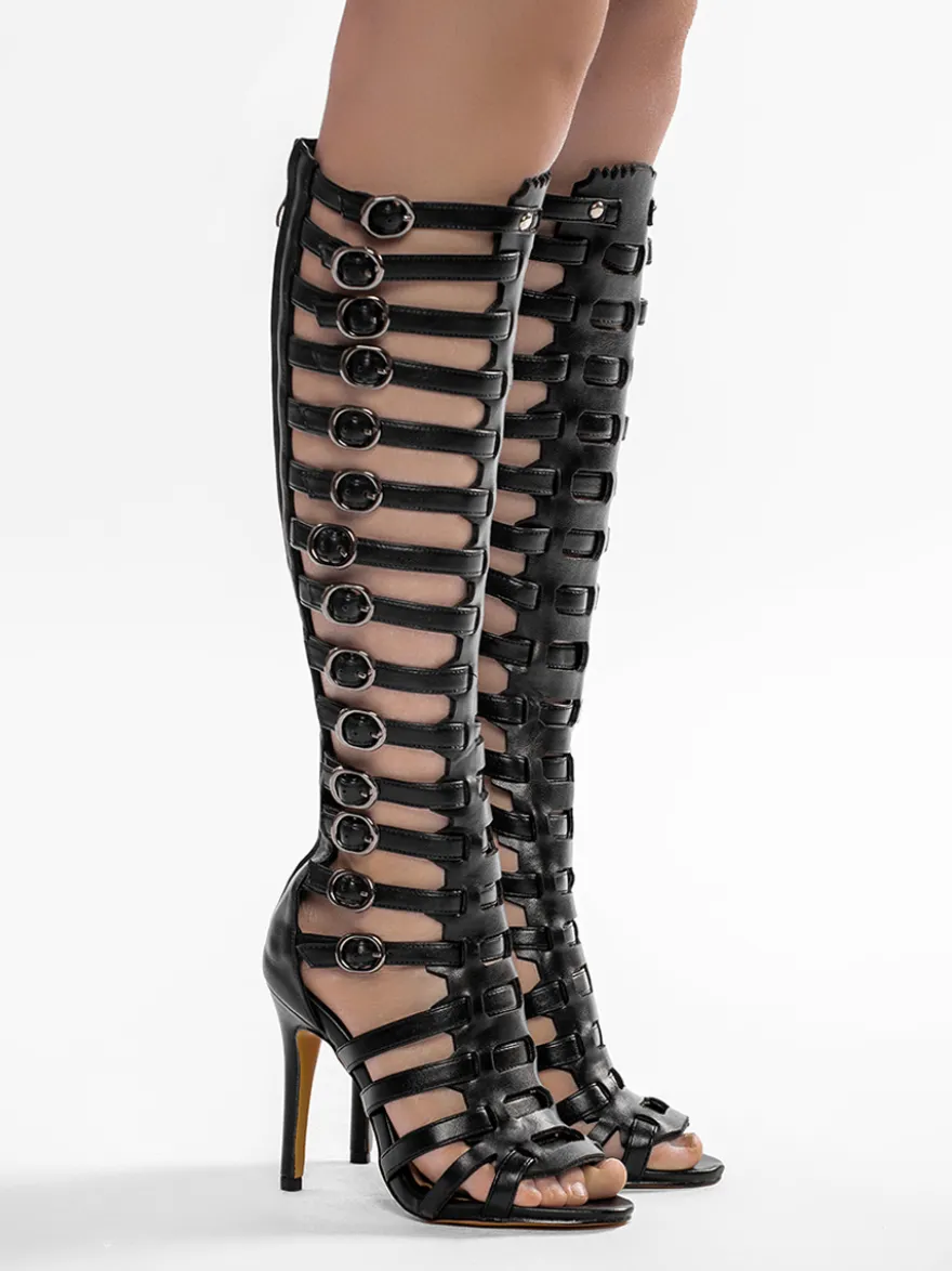 Sandales gladiateur noires à talons hauts et bout ouvert avec boucle