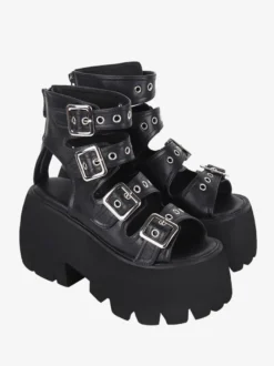 Sandales gothiques Lolita avec œillets bout ouvert cuir PU métallique chaussures d'été noires Lolita