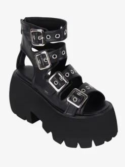 Sandales gothiques Lolita avec œillets bout ouvert cuir PU métallique chaussures d'été noires Lolita