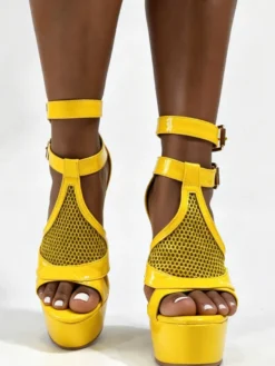 Sandales jaunes à talons hauts chaussures à plateforme bout ouvert patchwork détails Chukle