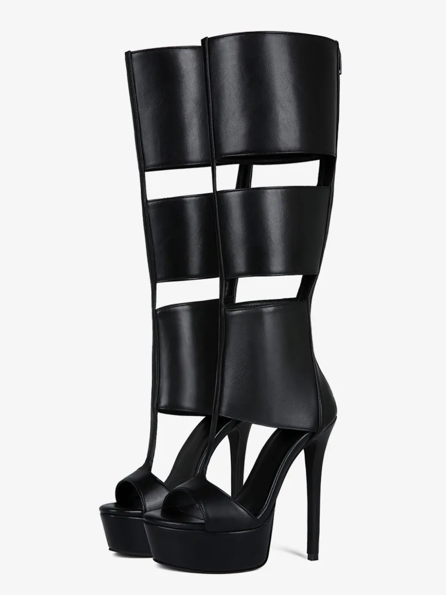 Sandales noires montantes à plateforme et bout ouvert style gladiateur unisexe
