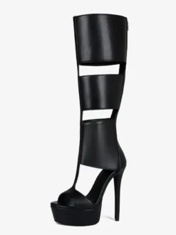 Sandales noires montantes à plateforme et bout ouvert style gladiateur unisexe