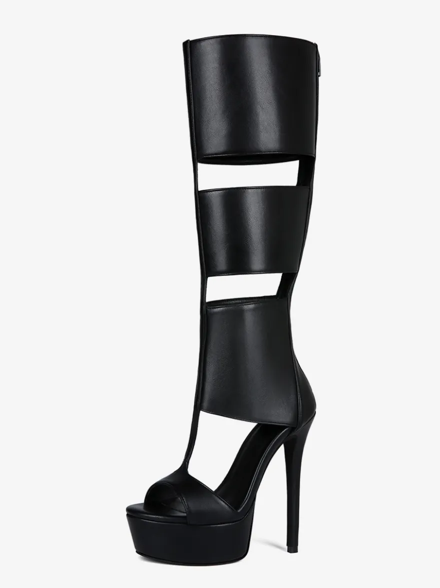 Sandales noires montantes à plateforme et bout ouvert style gladiateur unisexe