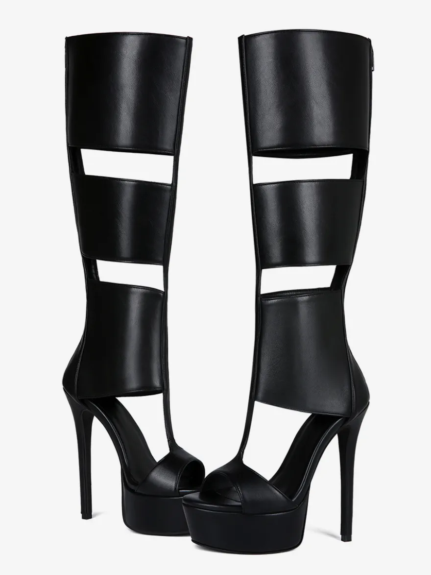Sandales noires montantes à plateforme et bout ouvert style gladiateur unisexe