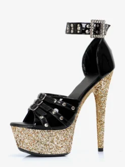 Sandales noires sexy à paillettes bout ouvert boucle et bride cheville