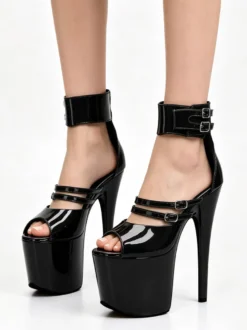 Sandales noires sexy à plateforme bout ouvert boucle et bride cheville