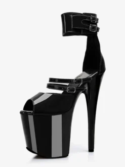Sandales noires sexy à plateforme bout ouvert boucle et bride cheville