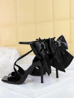 Sandales noires à talons aiguilles bout ouvert nœud chaussures à talons aiguilles