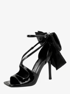 Sandales noires à talons aiguilles bout ouvert nœud chaussures à talons aiguilles