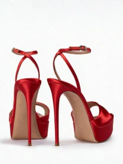 Sandales noires à talons hauts en satin bout ouvert et bride cheville chaussures de soirée