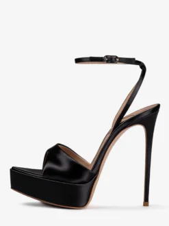 Sandales noires à talons hauts en satin bout ouvert et bride cheville chaussures de soirée
