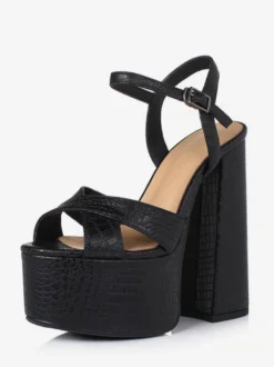 Sandales noires à talons hauts en cuir véritable plateforme bout ouvert talon épais