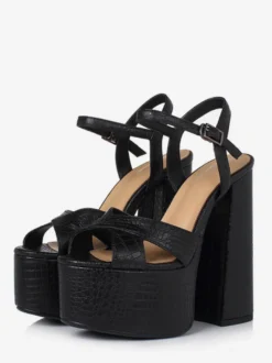 Sandales noires à talons hauts en cuir véritable plateforme bout ouvert talon épais