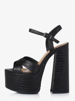 Sandales noires à talons hauts en cuir véritable plateforme bout ouvert talon épais