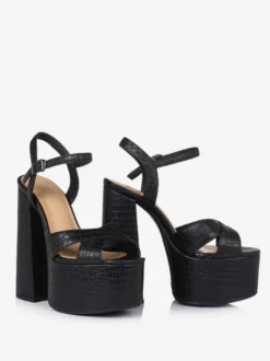 Sandales noires à talons hauts en cuir véritable plateforme bout ouvert talon épais