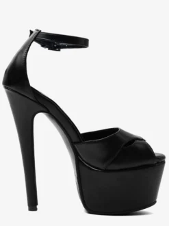 Sandales noires à talons hauts bout ouvert plateforme talon aiguille et bride cheville