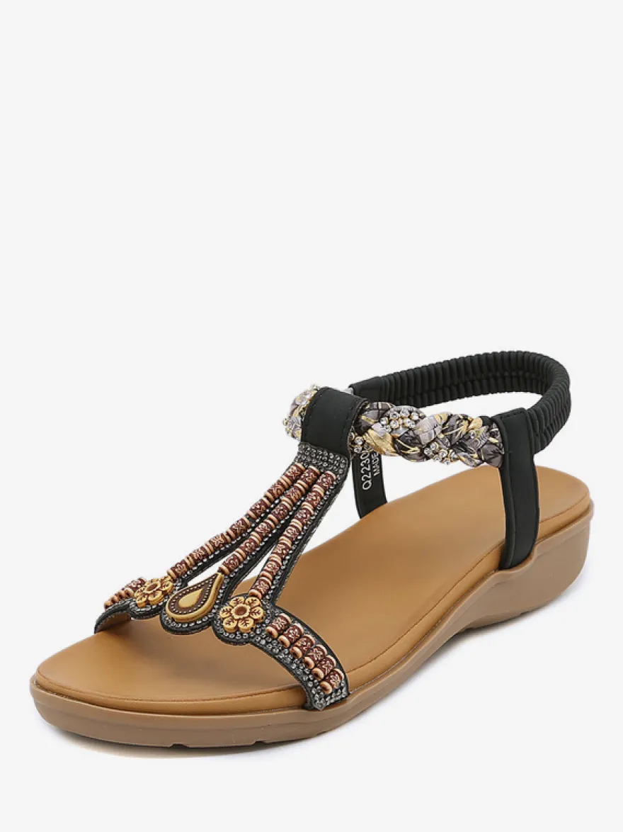Sandales Plates Bohème En Cuir PU Clouté Sangle En T Chaussures Décontractées