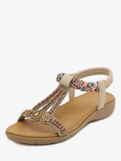 Sandales Plates Bohème En Cuir PU Clouté Sangle En T Chaussures Décontractées