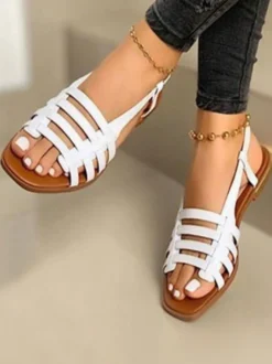Sandales plates à bout ouvert en cuir PU pour femmes