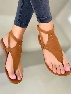 Sandales plates marron café femme en cuir PU